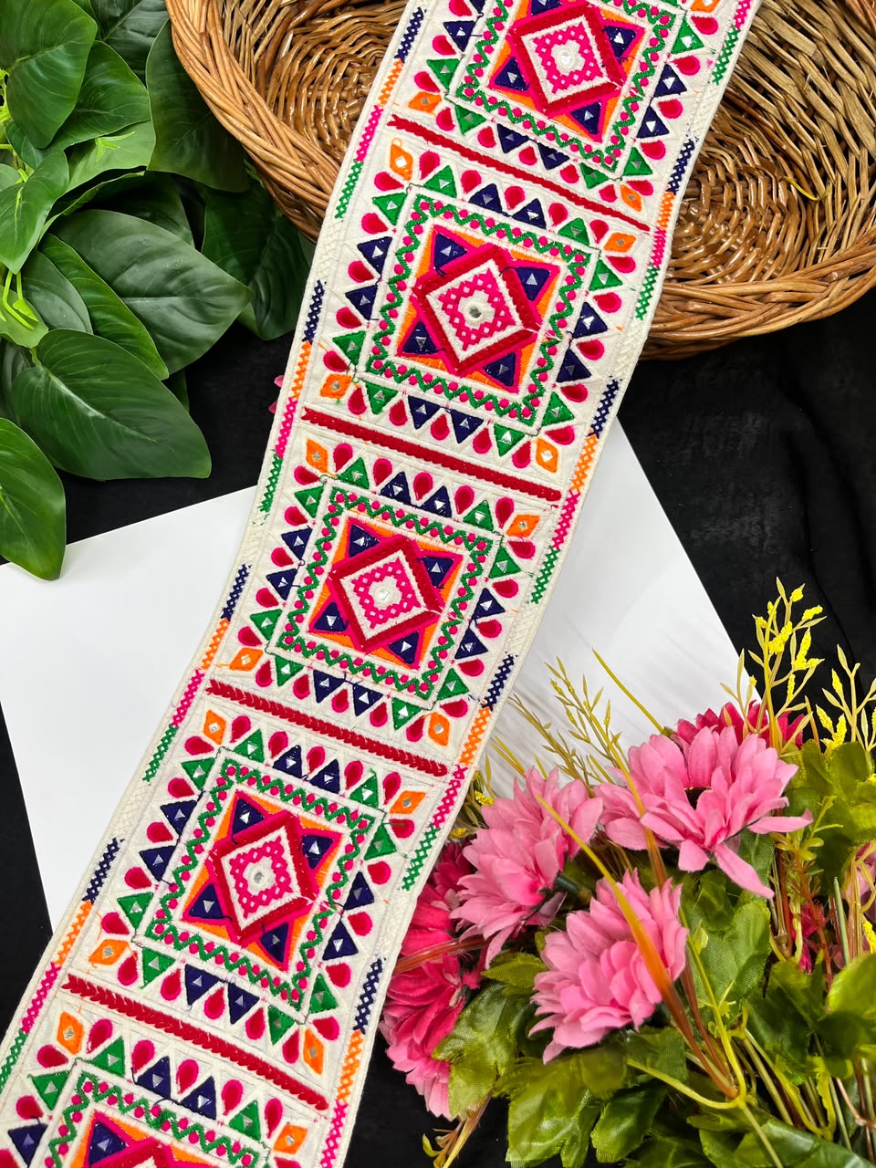 Multicoloured Navratri Lace for Sarees, Lehengas & Chaniya Cholis – Designer Ethnic Decorative Lace Border (5 Inch) | DC1030 | White
