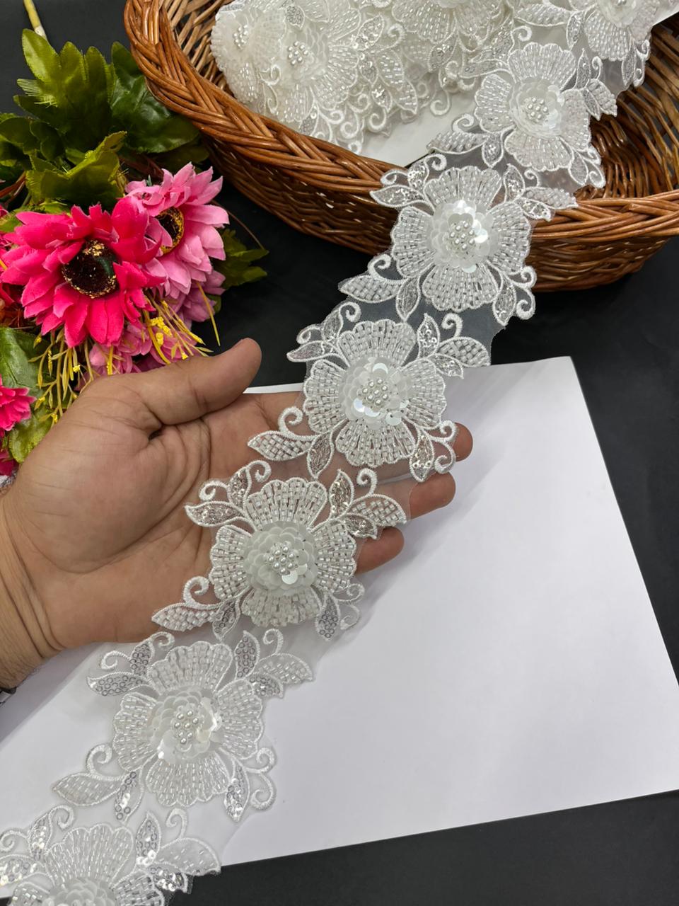 Imported Bead Work Flower Lace – Premium Designer Imported Lace Border for Sarees & Ethnic Wear | White