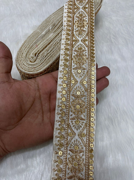Embroidered Zari Lace – Indian Wedding Trims, Saree Border, 2 Inch Wide Lace Reel (9 Mtr) | White