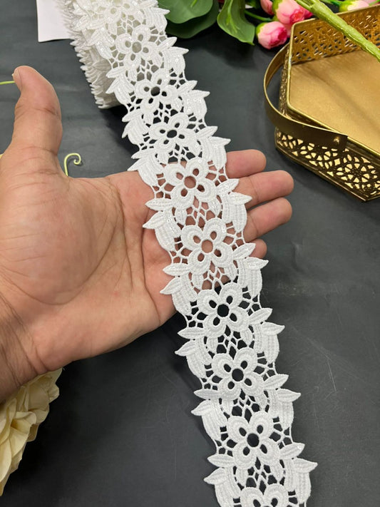 White Cutwork Imported Lace Trim – Designer Saree Lace Border for Dresses, Dupattas & Lehengas (9 Meter) | White
