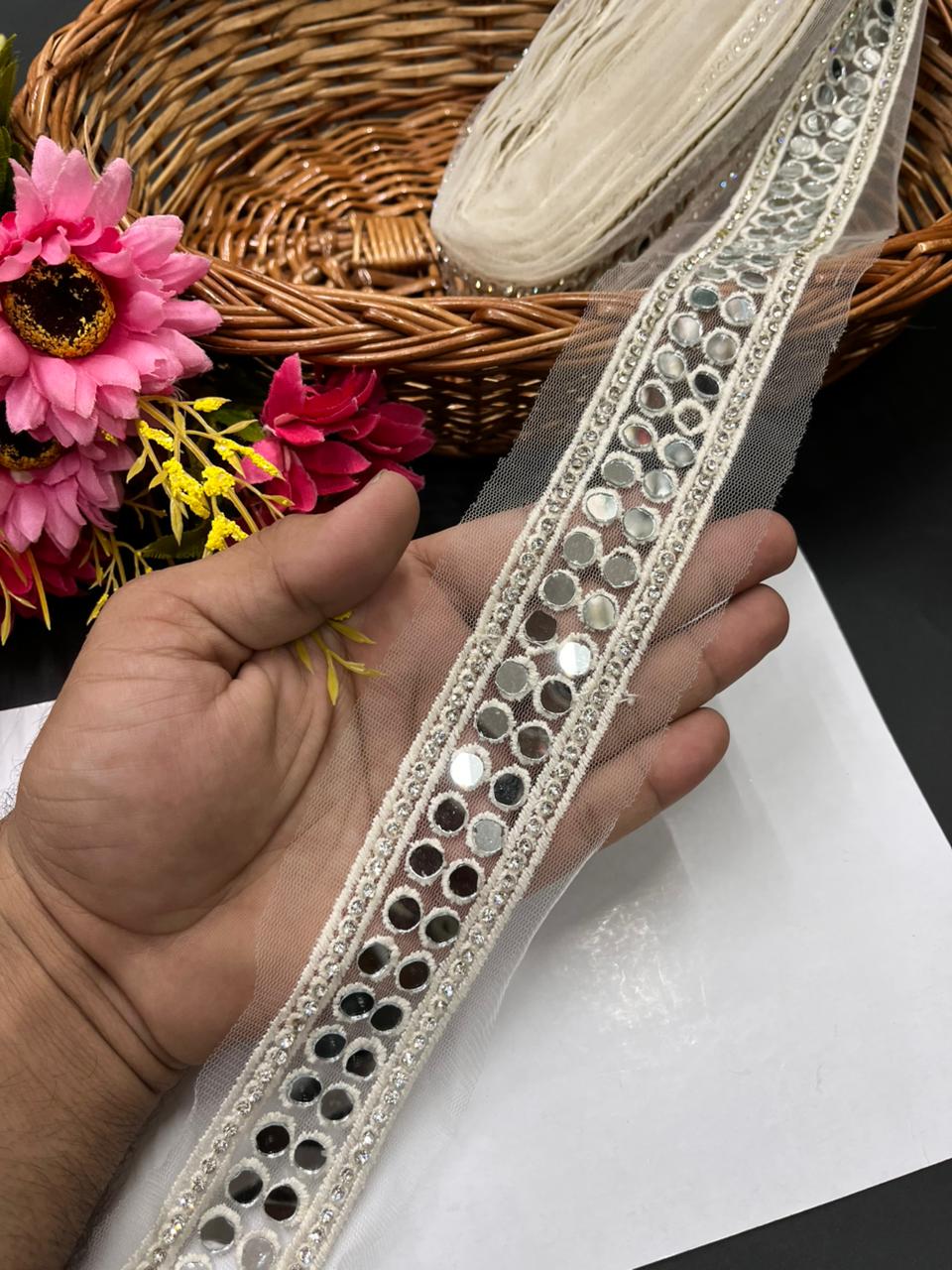 Real Mirror Work Laces & Trims – Designer Mirror Embroidered Borders for Sarees, Lehengas & Dupattas (9 Meter, 1.5 Inch Width) | White