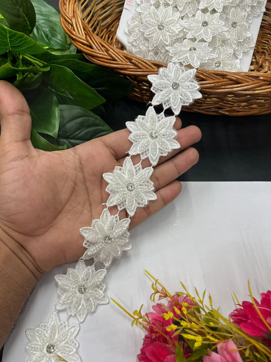 Flower Beaded Lace Designer Lace Border – Imported Decorative Lace for Sarees, Dupattas, and Dresses (9 mtr, 1.5 inch) | White