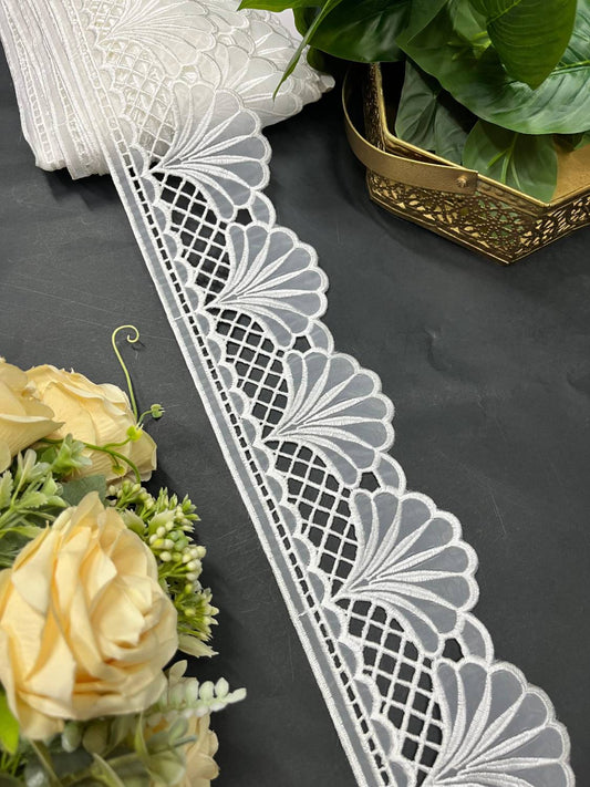 Royal Cutwork Organza Imported Lace & Trims – Designer Saree Laces for Fashion Projects (9 Meter) | White