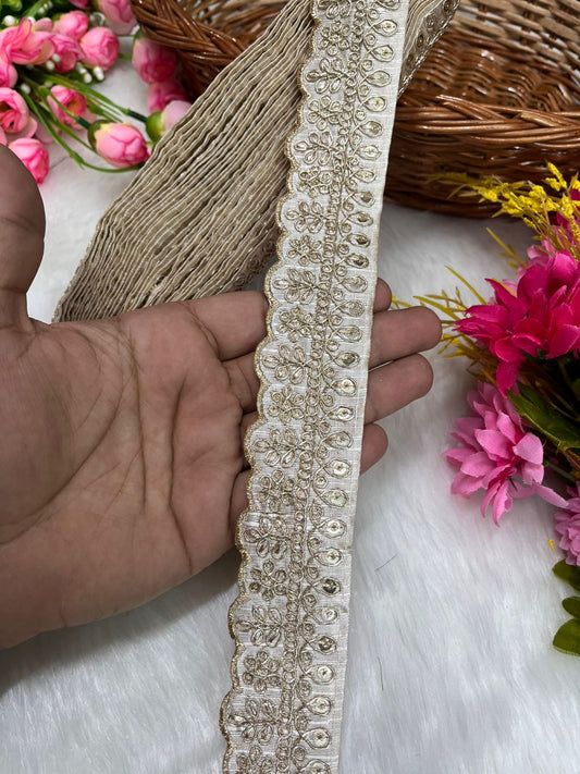 Embroidered Designer Lace – Indian Wedding Trims, Saree Border, 1.5 Inch Wide Lace Reel (9 Mtr) | White