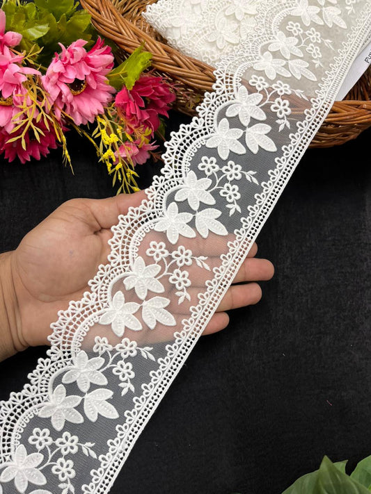 Imported Net Lace Trim for Sarees, Dresses & Kurtis – Designer Wide Net Lace Border (4 Inch) | White
