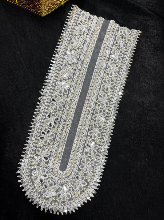 Traditional Mirror Neck Patch for Kurtis & Blouses – Handcrafted Designer Neckline Embellishment | White