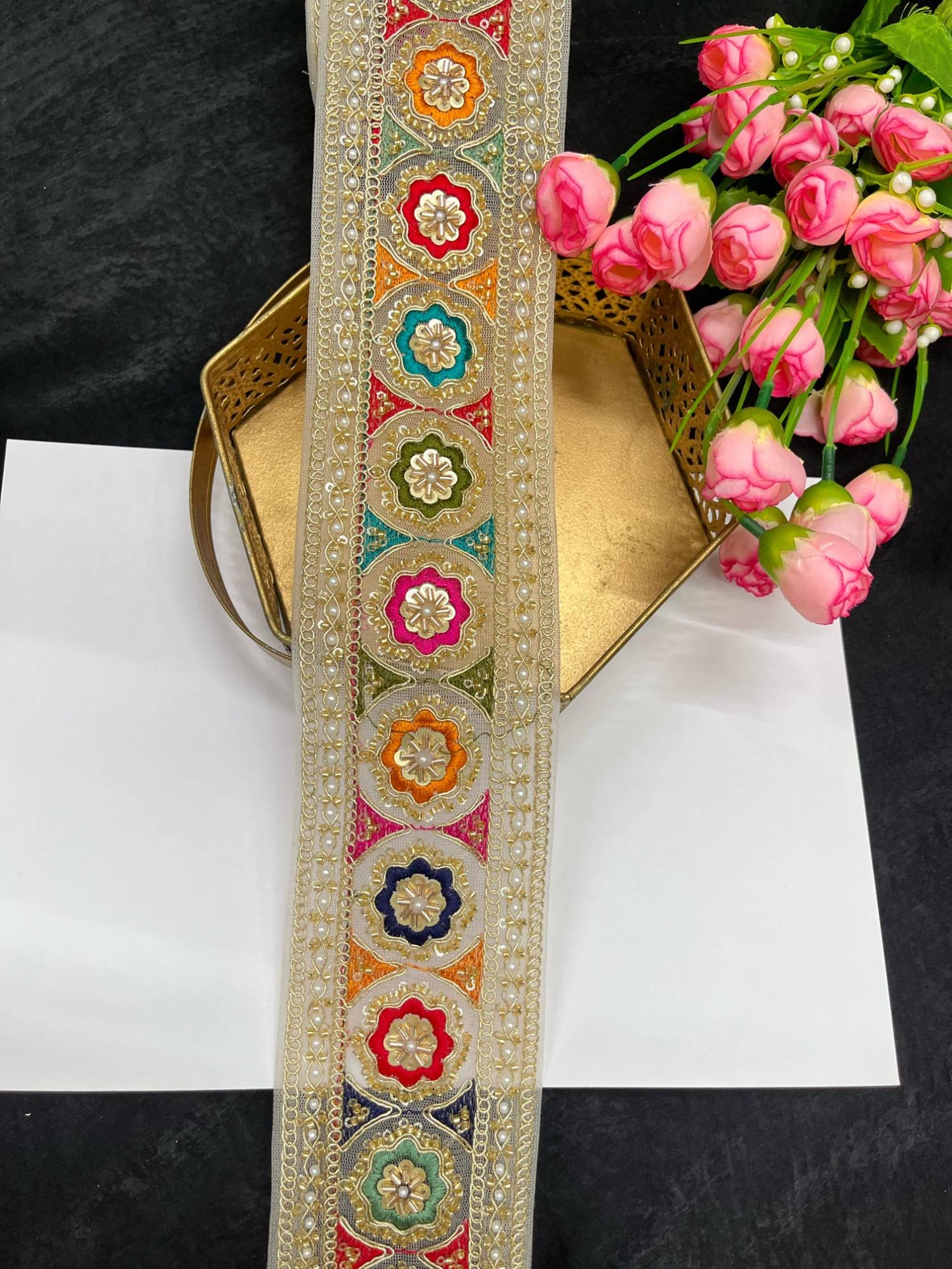 Multicolored Sabyasachi Inspired Saree Laces – 9 Meters, 3-Inch Designer Embroidered Border for Sarees, Lehengas & Dupattas | White