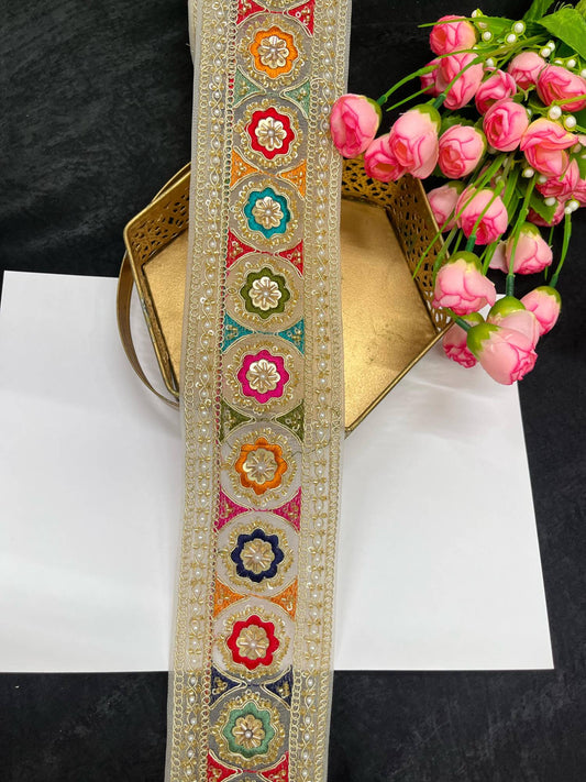 Multicolored Sabyasachi Inspired Saree Laces – 9 Meters, 3-Inch Designer Embroidered Border for Sarees, Lehengas & Dupattas | White