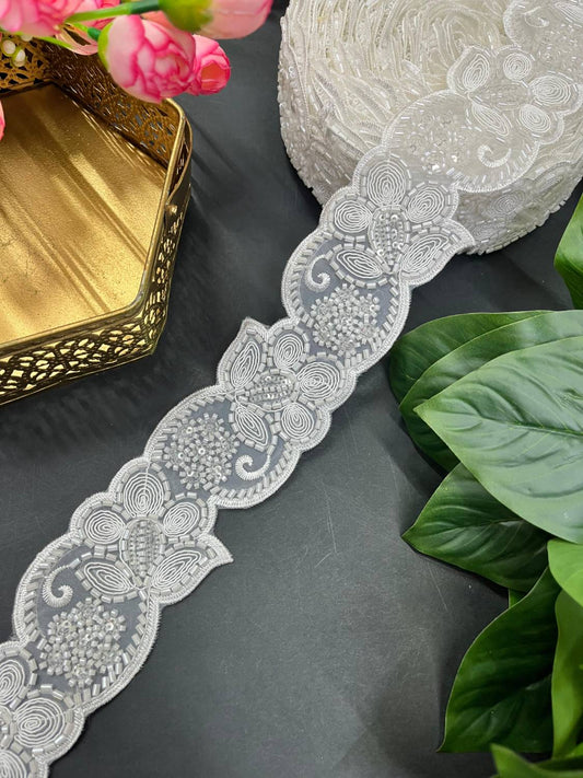 Gorgeous Handwork Imported Lace Trim – Premium Saree Laces & Ethnic Dress Borders (9 Meter) | White