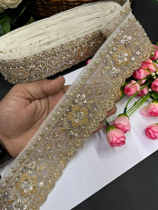 Exclusive Flower Embroidered Saree Lace Design – Premium Maggam Work Lace Border for Ethnic Wear | White