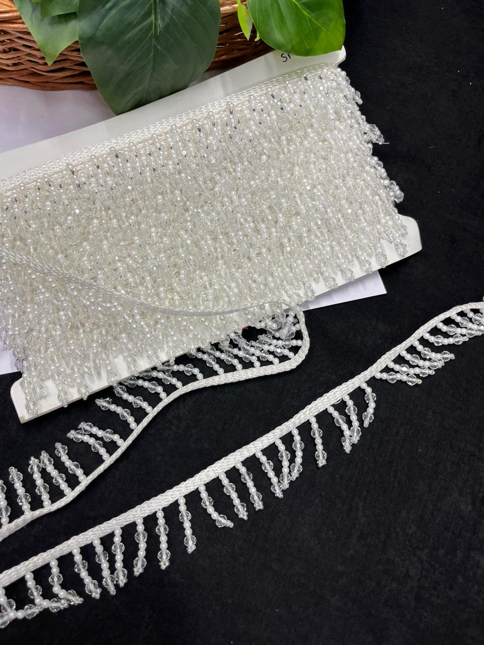 Beautiful Crystal Hanging Lace with Pearls – Premium Designer Latkan Lace | White