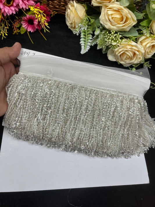 Sequence Fringe Lace | Western Imported Lace | Tassels Lace – Premium Designer Border Trim for Sarees, Lehengas & Gowns (9 Meter, 4 Inch Width) | White