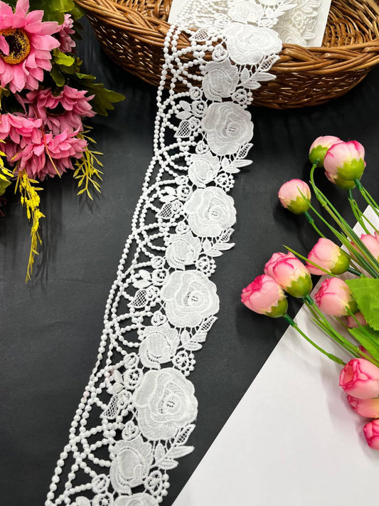 Elegant Floral Design Imported Cotton Lace Trim – Soft & Delicate Finish (9 Meter) | White