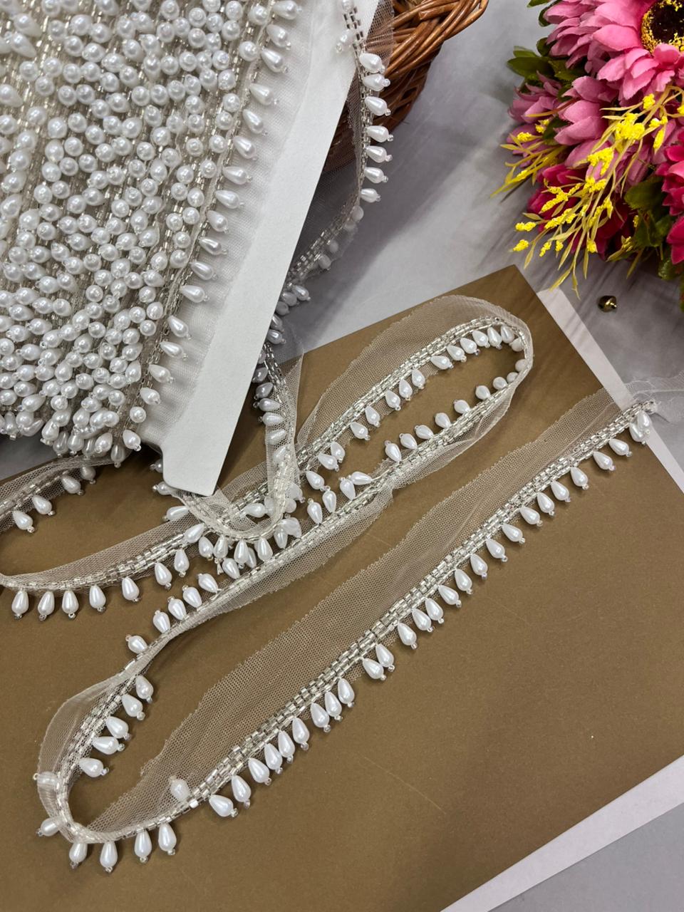 Pearl Drop Hanging Lace for Bridal Blouses & Dupattas – Elegant 1 Inch Latkan Style Decorative Border for Wedding & Festive Wear (9 Meter) | White