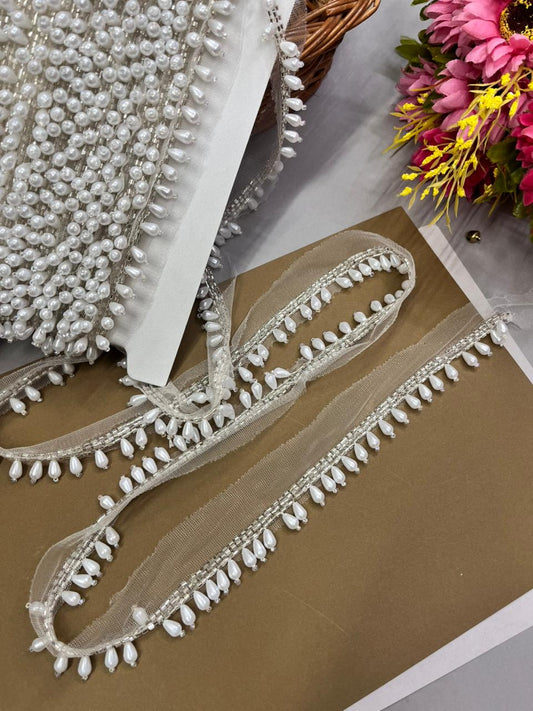 Pearl Drop Hanging Lace for Bridal Blouses & Dupattas – Elegant 1 Inch Latkan Style Decorative Border for Wedding & Festive Wear (9 Meter) | White