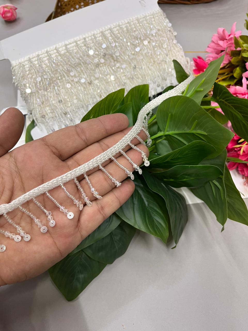 Beaded Hanging Tassel Lace with Sequins – Premium 2 Inch Latkan Style Decorative Border for Ethnic & Festive Wear (9 Meter) | White