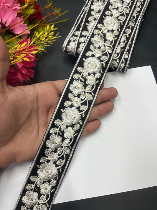 Exclusive Parsi Gara Work Lace & Border – Thread Embroidered Decorative Lace for Sarees, Dupattas, and Dresses (9 mtr, 1.75 inch) | White