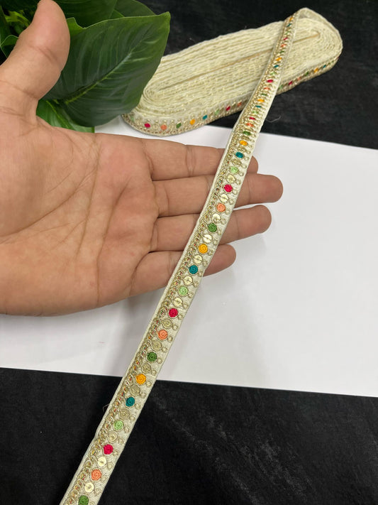 Multicolored Sabyasachi Inspired Embroidered Lace – 9 Meters, 0.5-Inch Designer Trim for Sarees, Lehengas & Dupattas | White