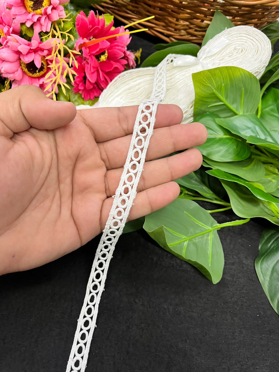 Dyeable Cotton Lace for Sarees, Dresses, Kurtis & Blouses – Imported Decorative Cotton Lace Trim (Half Inch) | DC1061 | White