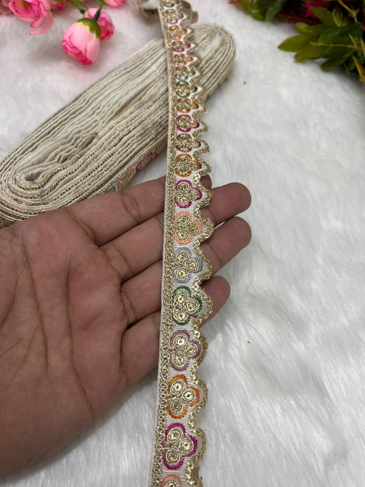 Sabyasachi-Inspired Multicoloured Designer Embroidered Trims – 9 Meter Roll, 1 Inch Wide for Crafting & Fashion | White