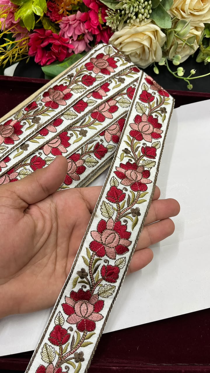 Exclusive Parsi Gara Work Lace for Sarees, Lehengas, Dupattas & Blouses – Designer Thread Embroidery Lace Border (2 Inch) | DC1071 | White