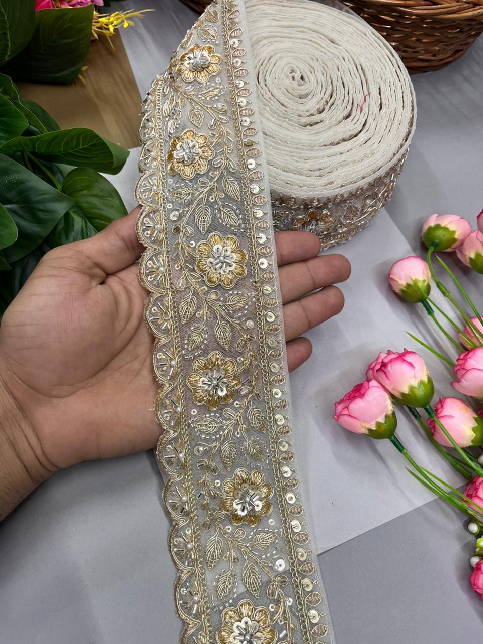 Designer Bridal Saree Lace Border – Premium 3 Inch Handcrafted Maggam Work Decorative Border for Wedding & Festive Wear (9 Meter) | White