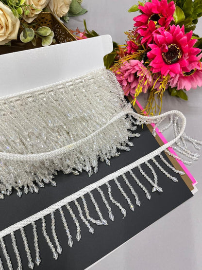 Handmade Crystal Hanging Lace Trim – Designer Crystal Tassel Latkan Lace Border for Sarees, Dupattas & Lehengas (9 Meter, 2 Inch Width) | White