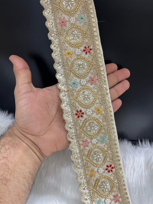 Vibrant Cutdana Beaded Embroidered Lace Border for Sarees and Lehengas – 9 Meters, 3-Inch Width | White