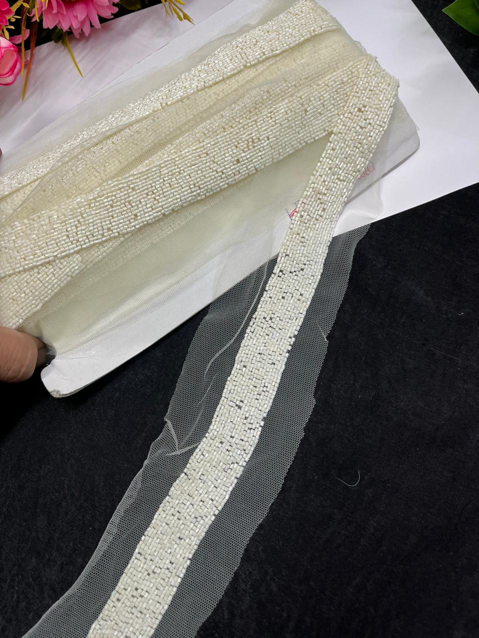 Handcrafted Katdana Border – Premium 1 Inch Handmade Decorative Lace for Bridal & Ethnic Wear (9 Meter) | White