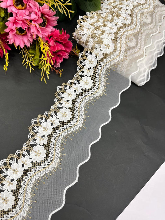 Imported Cutwork Style Lace & Trims – Premium 4.5 Inch Designer Border for Sarees, Dupattas, Gowns & Dresses (9 Meter) | White