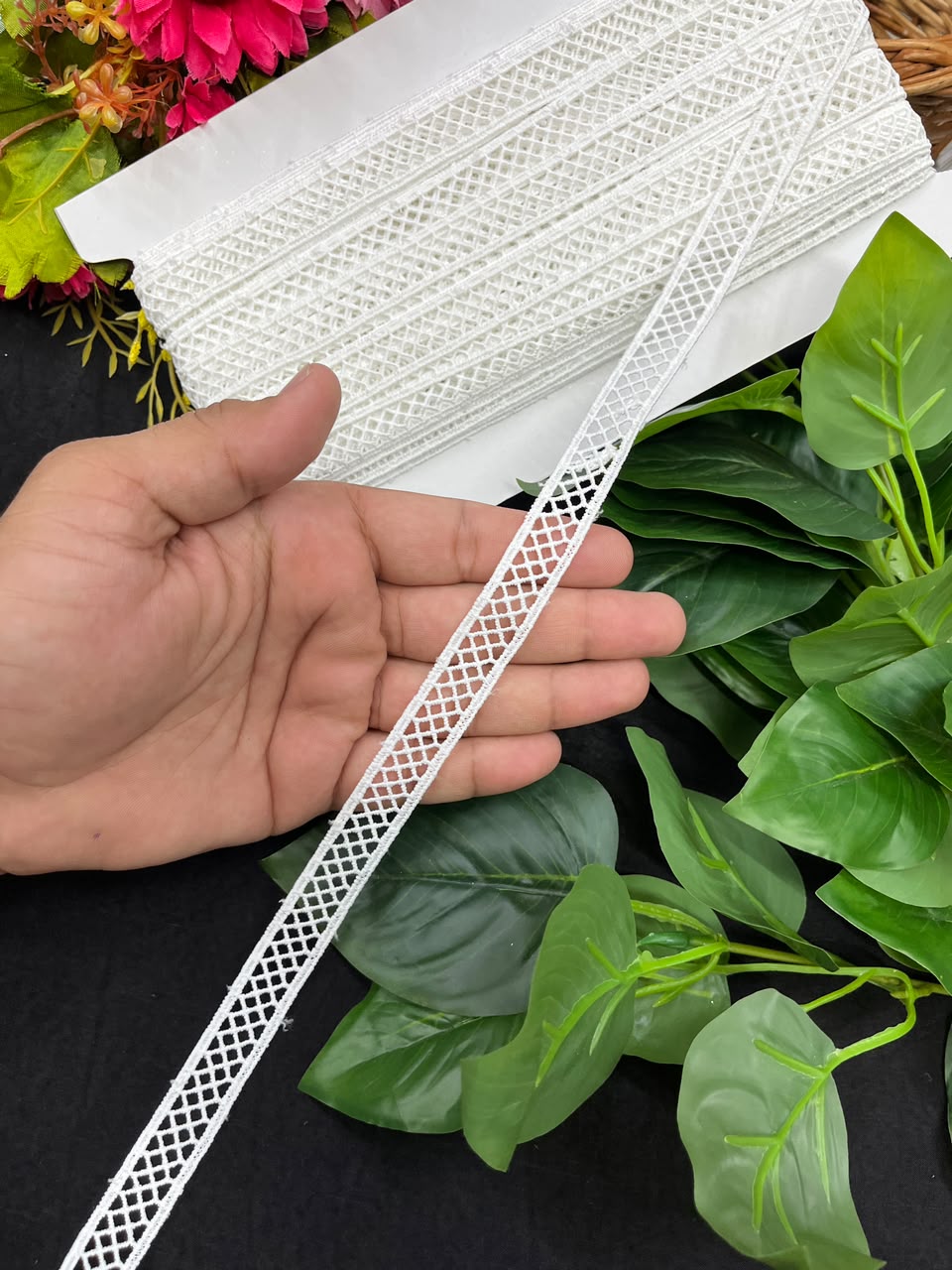 Dyeable Cotton Lace for Sarees, Dresses, Kurtis & Blouses – Imported Decorative Cotton Lace Trim (Half Inch) | DC1062 | White