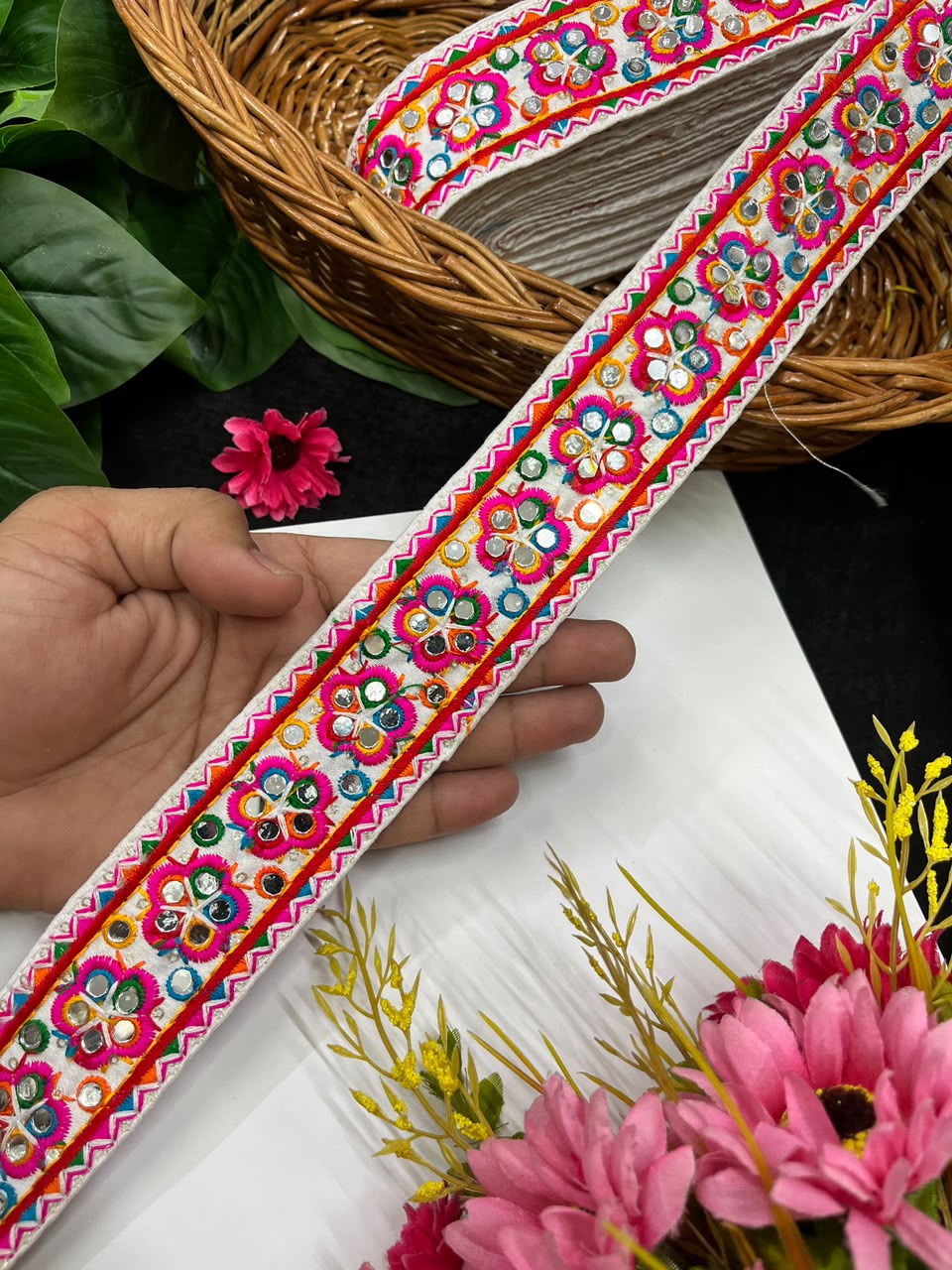 Multicoloured Navratri Lace for Sarees, Lehengas & Chaniya Cholis – Designer Ethnic Decorative Lace Border (2 Inch) | DC1031 | White