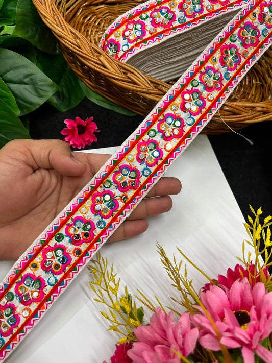Multicoloured Navratri Lace for Sarees, Lehengas & Chaniya Cholis – Designer Ethnic Decorative Lace Border (2 Inch) | DC1031 | White