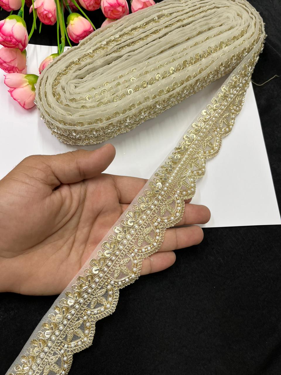 Bridal Saree Lace Border – Designer Maggam Work Lace for Sarees, Blouses & Lehengas (1.75 Inch) | White