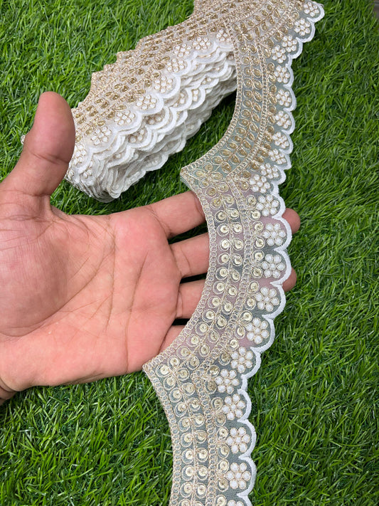 Embroidery Scallop Lace | Sequins Embellishment Trim | Craft Decorative Saree Lace – 9 Meters, 2-Inch Width | White