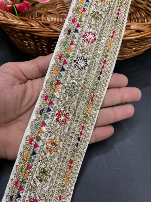 Classic Embroidered Sabyasachi Inspired Saree Lace Borders – Luxury Designer Embellished Lace for Sarees, Lehengas & Dupattas (9 Meter, 2.5 Inch Width) | White