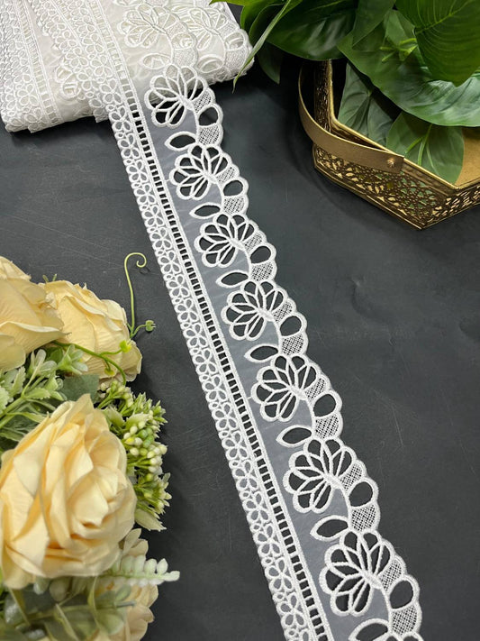 Royal Cutwork Organza Imported Lace Trim – Elegant Saree Laces & Dress Borders (9 Meter) | White