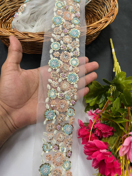 Stunning Thread Work Border with Pastel Bead Work – Designer Lace on Net Fabric (9 Meter) | White