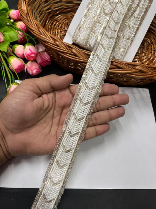 Handmade Sewing Sequins Lace – Elegant Designer Border Trim for Sarees, Dupattas & Lehengas (9 Meter, 1.5 Inch Width) | White