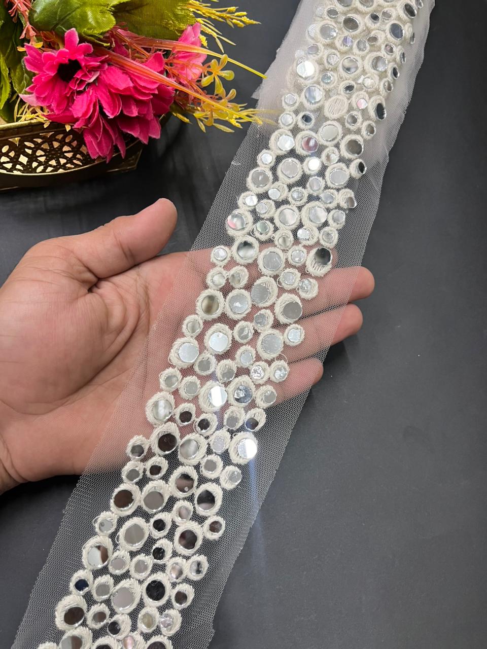 Real Mirror Laces for Sarees on Net Fabric – Designer Embroidered Border for Sarees, Lehengas & Dupattas (9 Meter, 2.5 Inch Width) | White