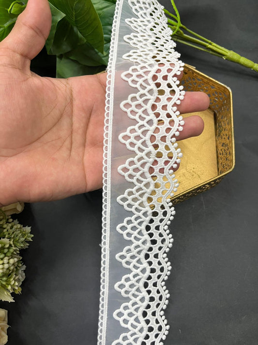 Cutwork Style Organza Imported Lace Trim – Designer Saree Laces & Dress Borders (9 Meter) | White