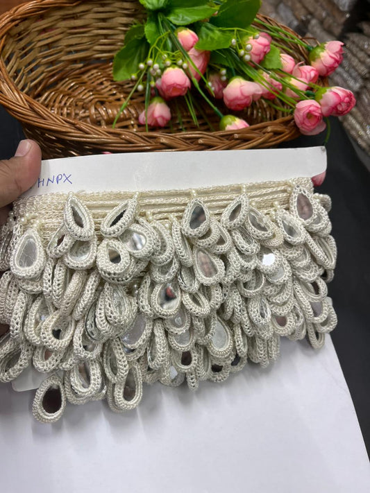 Crochet Mirror Hanging Laces – Handmade Latkan Border Trim for Sarees, Dupattas & Ethnic Wear (9 Meter) | White