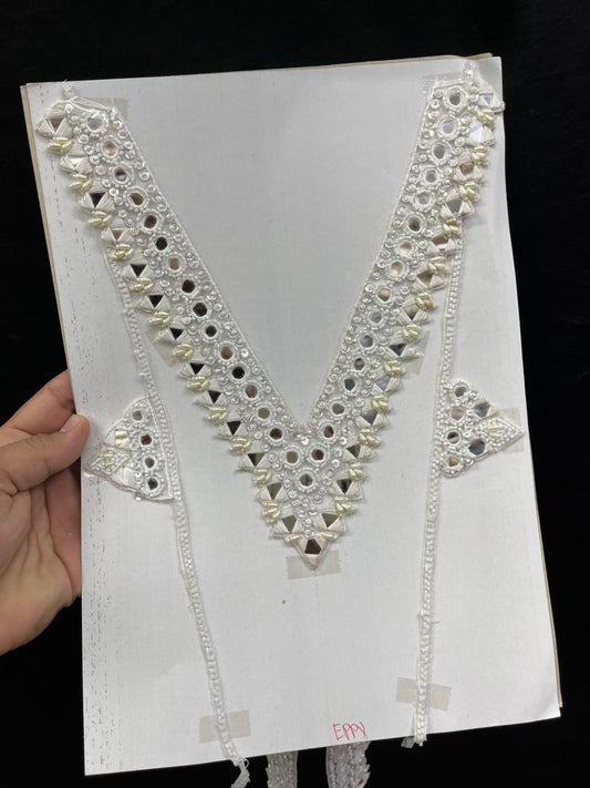 Mirror Work Neck Patch for Kurti, Suits & Bridal Dresses – Premium Designer Ethnic Neck Patch for Festive Wear | White
