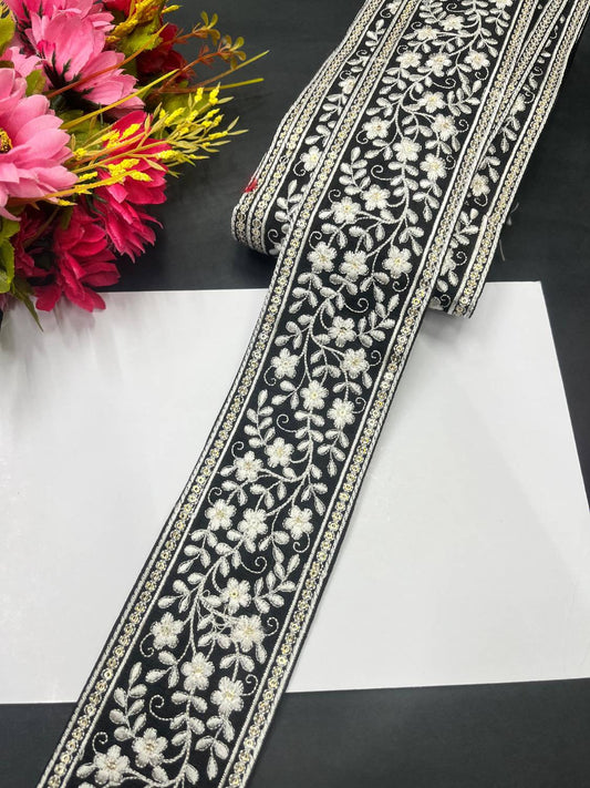 Exclusive Parsi Gara Work Lace & Border – Thread Embroidered Decorative Lace for Sarees, Dupattas, and Dresses (9 mtr, 3 inch) | White