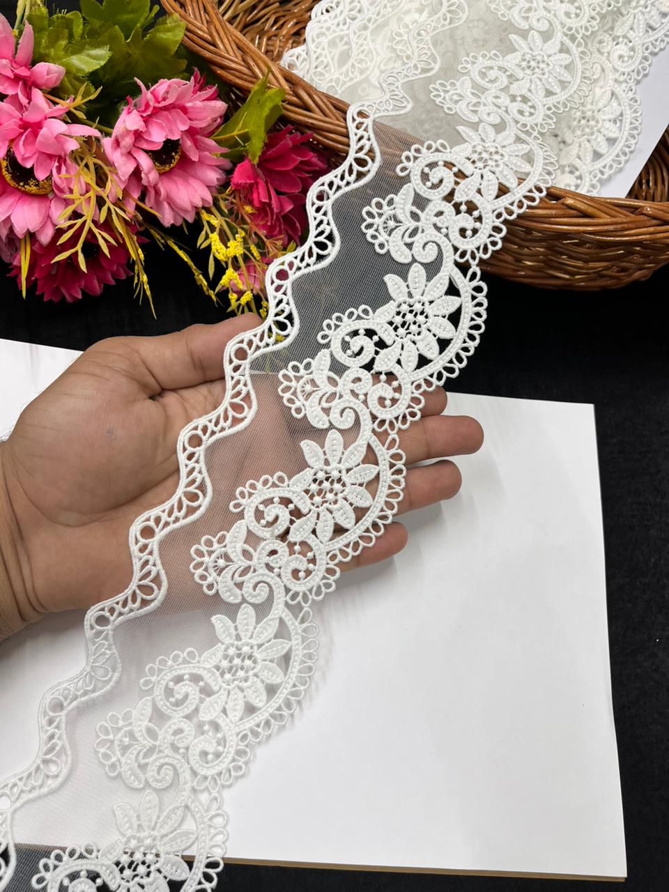 Imported Net Lace Border for Sarees, Dresses & Kurtis – Soft Designer Wide Net Lace Trim (4 Inch) | White