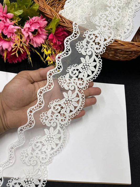 Imported Net Lace Border for Sarees, Dresses & Kurtis – Soft Designer Wide Net Lace Trim (4 Inch) | White