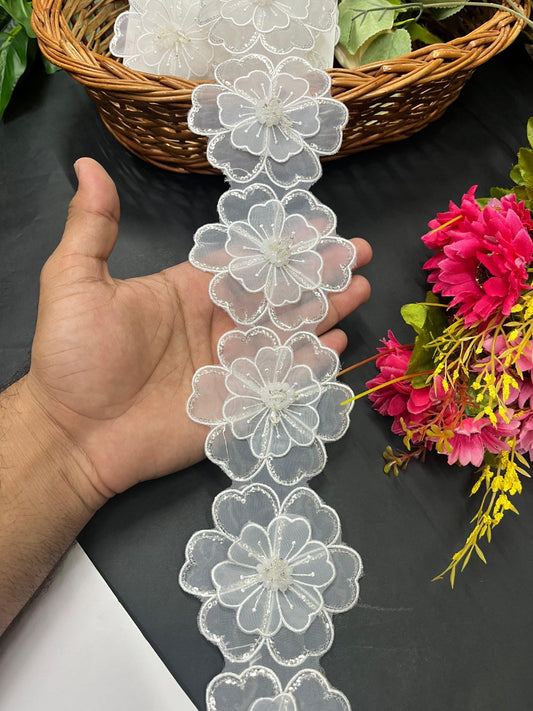 Elegant 3D Flower Lace – Imported Floral Design Trim (9 Meter) | White