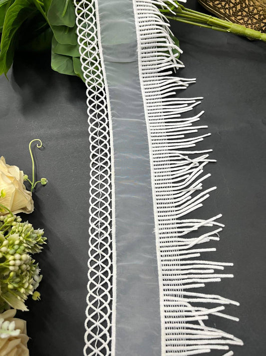 Organza Fringes Imported Lace Trim – Premium Saree Laces for Dresses & Dupattas (9 Meter Roll) | White