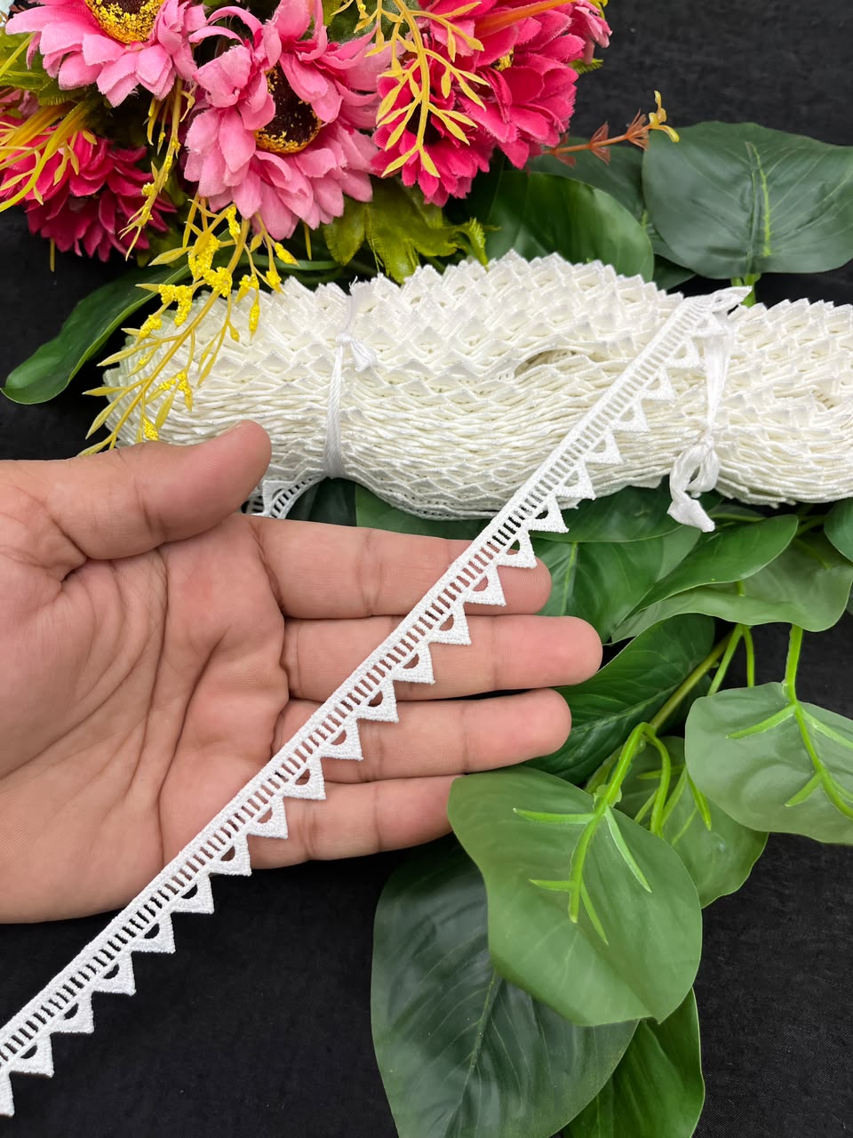 White Cotton Lace for Sarees, Dresses, Kurtis & Blouses – Imported Decorative Cotton Lace Trim (Half Inch) | DC1059 | White