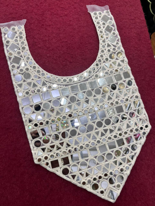 Mirror Work Neck Patch for Dresses & Kurtis – Elegant Designer Handcrafted Neck Applique | White